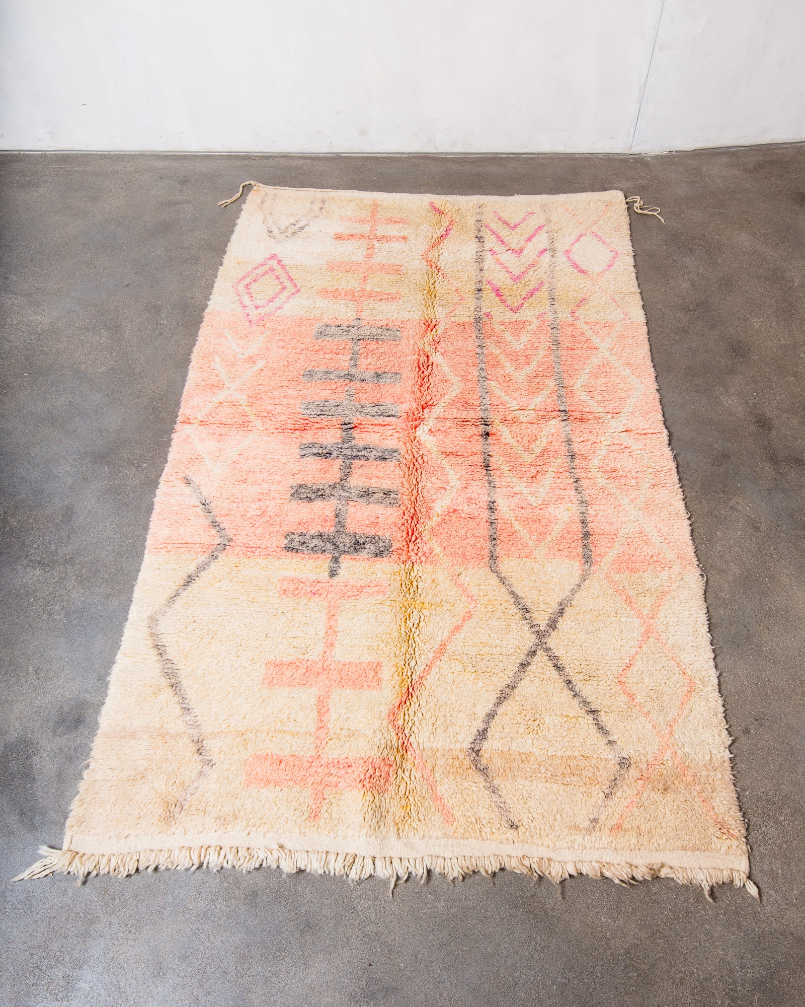 Modern, designer, handcrafted Berber rug from Morocco. Vintage carpet with beautiful colours and patterns and fluffy texture.